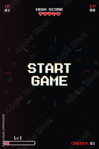 START GAME. Retro Futurism Sci-Fi Background. glowing neon grid and star from vintage arcade computer games