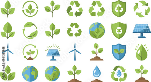Eco Friendly Sustainability and Renewable Energy Icon Set with Recycling Symbols Green Earth Leaves Solar Panels Wind Turbines Water and Environmental Protection Vector Collection