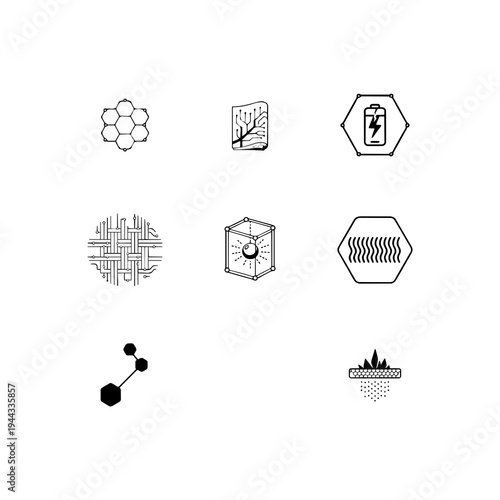 Graphene and 2D nanomaterials linear icon set, hexagonal carbon lattice, superconductors and advanced nanotechnology vector symbols