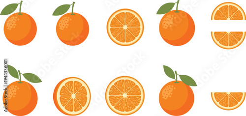 Fresh Orange Fruit Whole and Sliced Citrus Collection with Orange Halves Segments and Leaves Healthy Food Vector Illustration