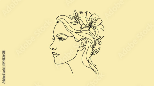 Elegant Line Art Portrait of a Woman with Floral Hair Adornments.