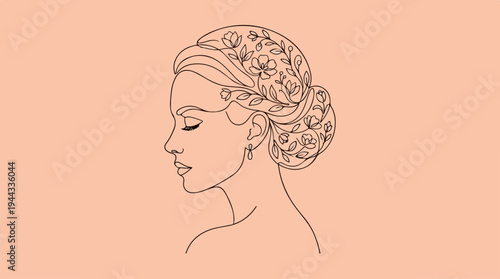 Elegant Line Art Portrait of a Woman with Floral Hair.