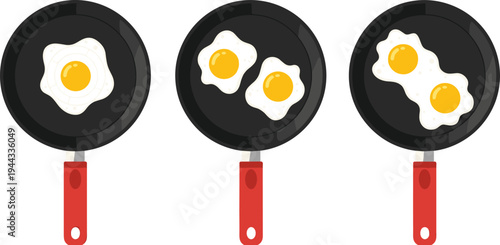 Fried Eggs in Pans Vector Illustration Set with Different Egg Cooking Styles for Breakfast, Food, and Cooking-Themed Designs