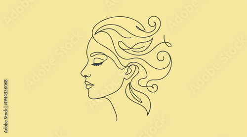 Elegant line art portrait of a woman with flowing hair.