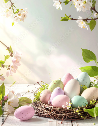 Bright spring Easter scene with pastel eggs in nest and blooming branches in sunlight.