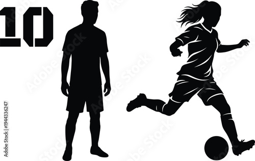 Soccer player number ten and female football player running with ball silhouette vector illustration isolated sports design