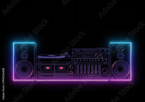 Vintage hi-fi system, turntable, speakers and cassette deck with neon lights, retro music concept