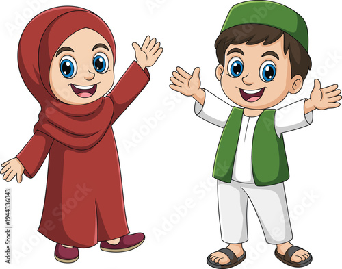 Cute Muslim boy and girl cartoon characters waving happily wearing traditional Islamic clothing, friendly kids mascot illustration isolated for education, culture, Ramadan themes