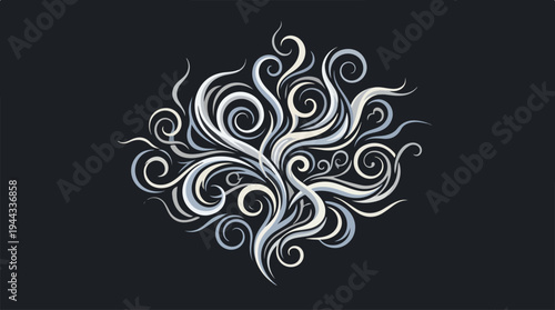 Elegant swirling design with intricate details on dark background.
