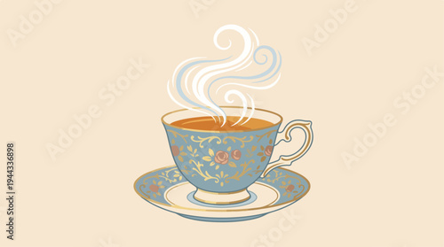 Elegant teacup with floral design, steam rising, warm beverage, cozy atmosphere.