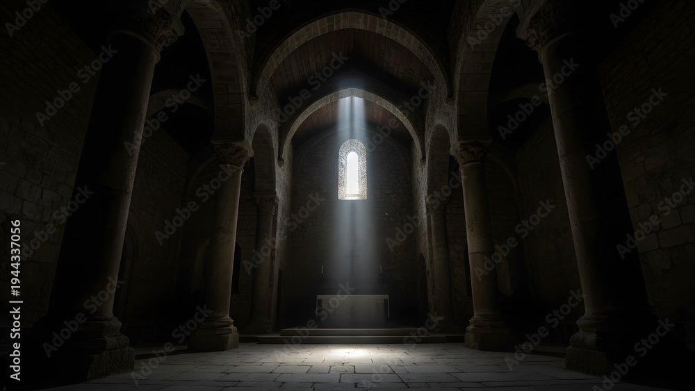 Obraz premium A beam of heavenly light shining onto an altar inside a dark stone chapel.