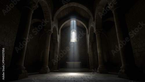 A beam of heavenly light shining onto an altar inside a dark stone chapel.