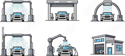 Vector illustration of car wash systems including automatic, robotic, and high‑pressure facilities for automotive and service artwork