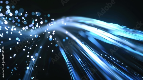 Glowing fiber-optic data flow and AI networks connecting digital systems, showcasing bright luminous light streams, advanced technology, 