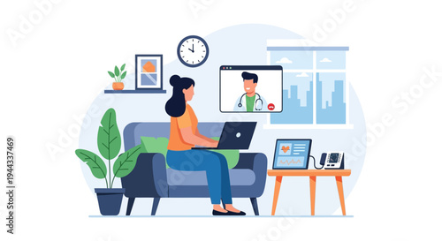 Telehealth Consultation: Woman Video Calling Doctor on Laptop from Home. Remote Medical Appointment and Digital Healthcare Service Illustration.