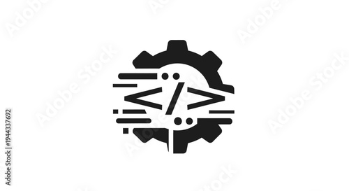 Black gear with coding symbols logo.