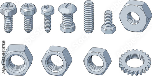 Screws, Bolts, and Nuts Vector Illustration Set Featuring Various Fasteners for Industrial, Mechanical, and Hardware-Themed Designs