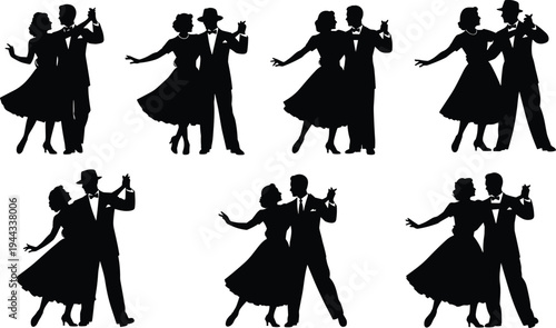 Silhouette Dance Vector Illustration Set Featuring Couples Dancing in Formal Attire for Music, Event, and Dance-Themed Designs