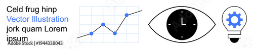 Data analytics, innovation, technology planning, business insights, productivity, time management. A graph, clock in an eye and light bulb with gear. Data analytics and innovation concept