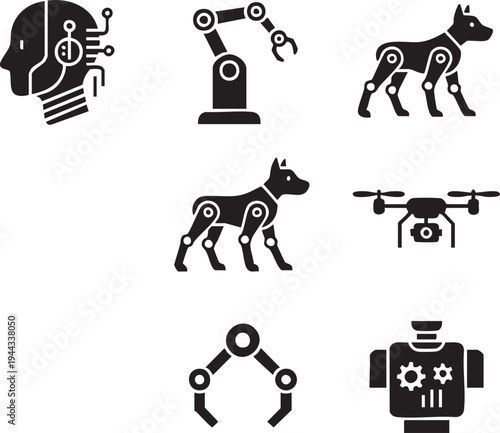 Robotics and Artificial Intelligence Silhouettes for Industrial Robotic Arm and AI Head