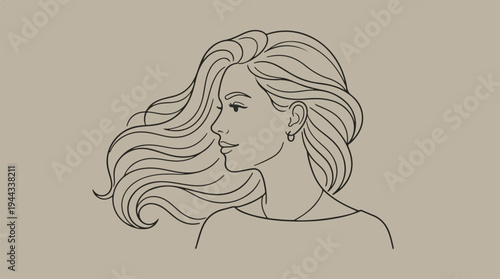 Elegant womans profile with flowing hair, minimalist line art.