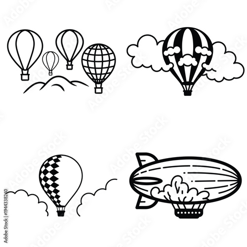 Minimalist hot air balloon and zeppelin vector line art icons set for travel and adventure designs.