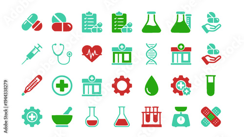 Medical laboratory icon set including test tubes, microscope, medicine, healthcare tools, and research symbols.