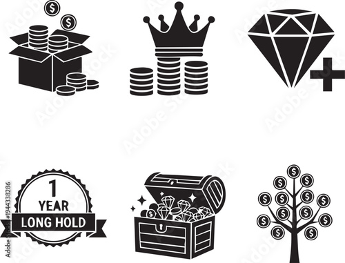 Wealth and Financial Growth Silhouettes for Money Tree Treasure Chest and Reward Ribbon