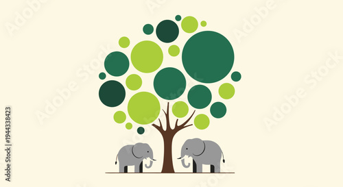 Cute elephants standing under abstract green tree illustration, wildlife nature concept with friendly animals and stylized foliage design for nursery decor and eco themed artworkCute elephants standin