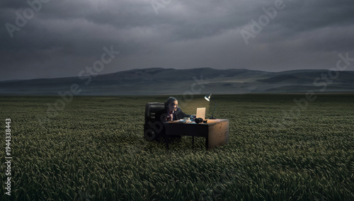 Photos Businesswoman working at desk with laptop in vast green field under cloudy sky, cinematic metaphor of independence, focus and escaping office routine for advertising, corporate storytelling
