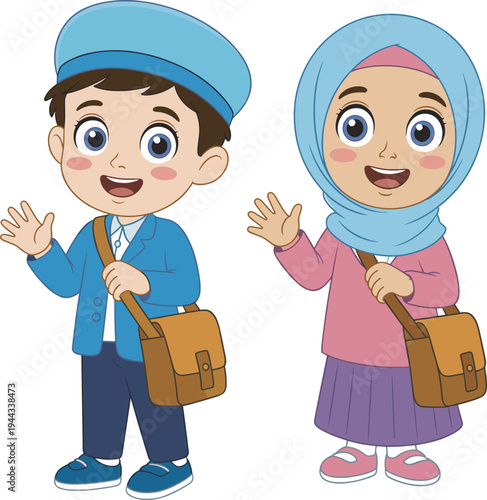 Cute Muslim school boy and girl characters waving with backpacks, cheerful cartoon children in school uniform isolated illustration for education back to school concept