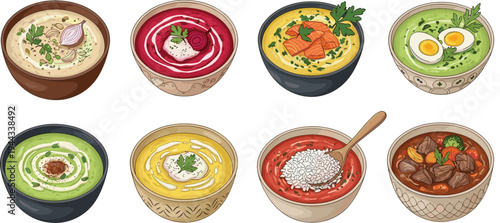 Soup Vector Illustration Set Featuring Different Varieties and Bowls for Food, Culinary, and Healthy Meal Designs