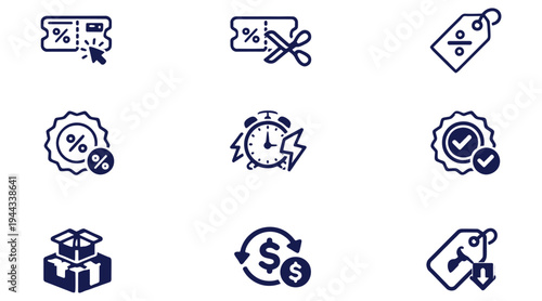 Nine icons related to business discounts and sales