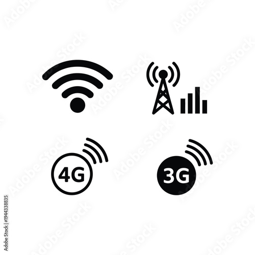 Wireless network and mobile signal icons WiFi 3G 4G connection set