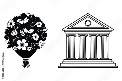 Flowers and greek architecture icons set vector with black and white