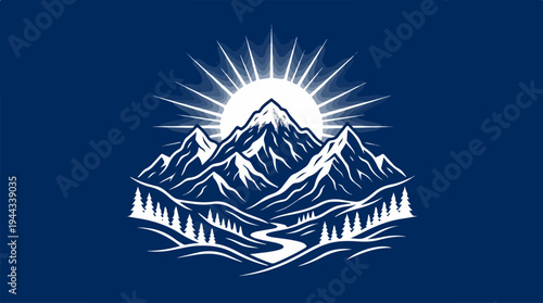 Majestic Mountain Range with Sunburst and River in Nature.