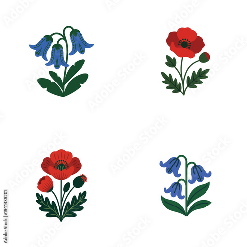 Professional colorful poppy and bluebell flower icon set vector illustration.