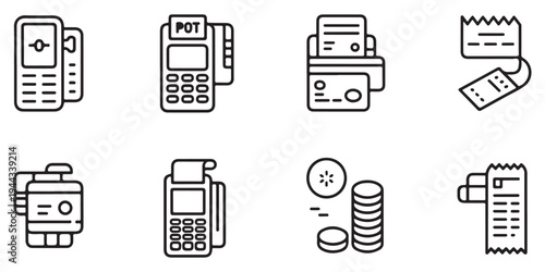 Collection of Retail Payment Icons Including POS Machines, Receipts, and Coins in Minimalist Line Style