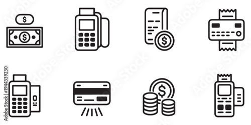 Payment and Finance Icon Set Featuring POS Terminals, Credit Cards, and Cash Symbols in Line Art Style