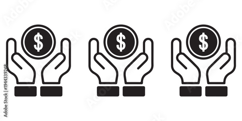 Charity and Financial Support Concept Icons Showing Hands Holding a Dollar Coin in Line Art