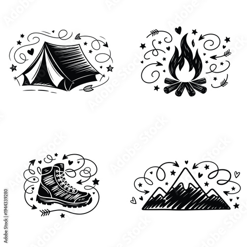 Camping adventure doodle icons with tent, campfire, hiking boot and mountains