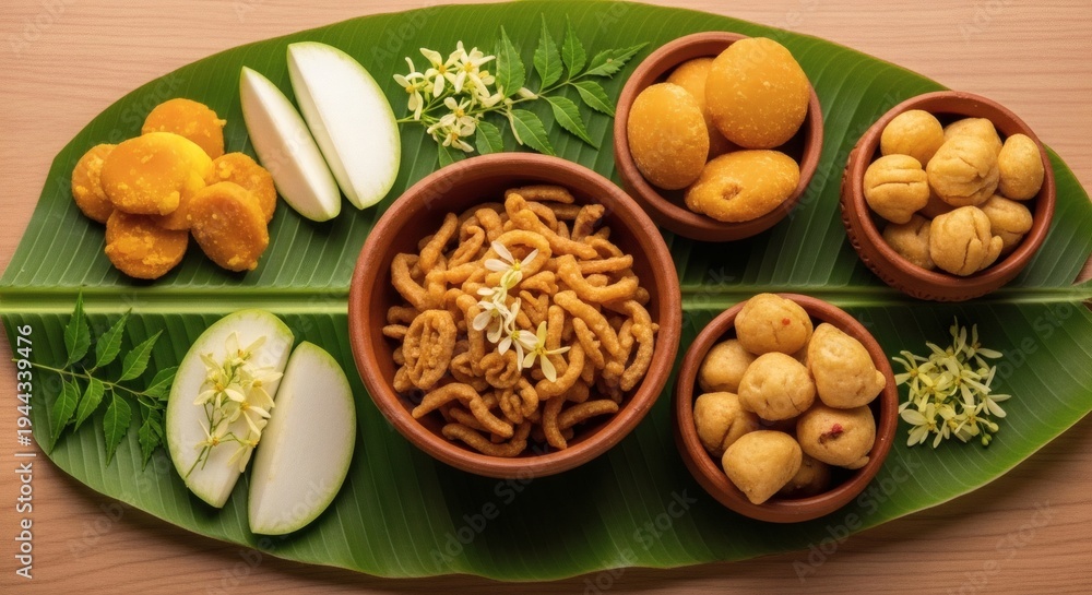 Fototapeta premium Ugadi Festival Snacks and Fruits Served on Banana Leaf