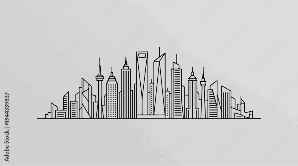 Fototapeta premium Minimalist Line Art Cityscape Depicting Urban Architecture Silhouette.