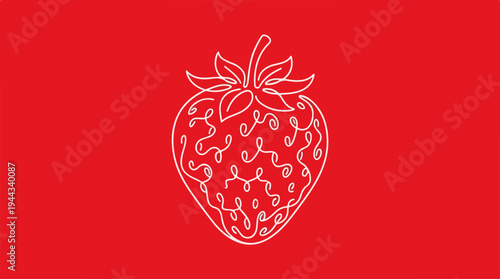 Minimalist strawberry illustration on a vibrant red background, simple design.