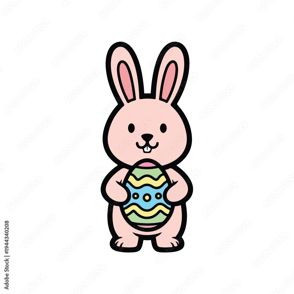 Obraz premium A simple cartoon bunny holding a decorated Easter egg