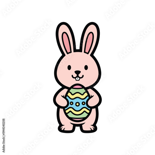 A simple cartoon bunny holding a decorated Easter egg