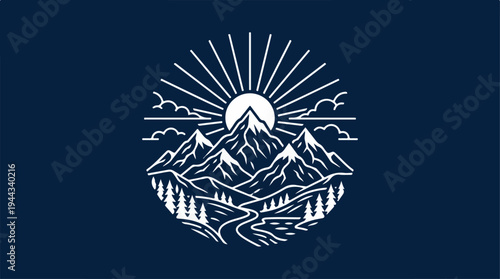 Mountainous Landscape with Sun and Rays in a Circular Design.