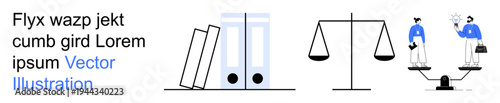 Legal services, business administration, teamwork, decision-making, equality, justice. Books, office files scales and people on weighing scales. Legal services and equality visually