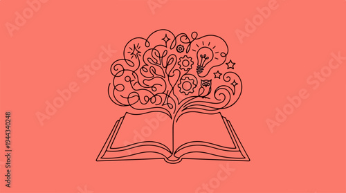 Open book with creative ideas and thoughts illustration on coral background.