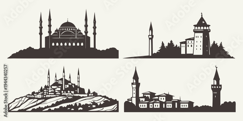 Silhouettes of iconic buildings from different cultures and historical periods